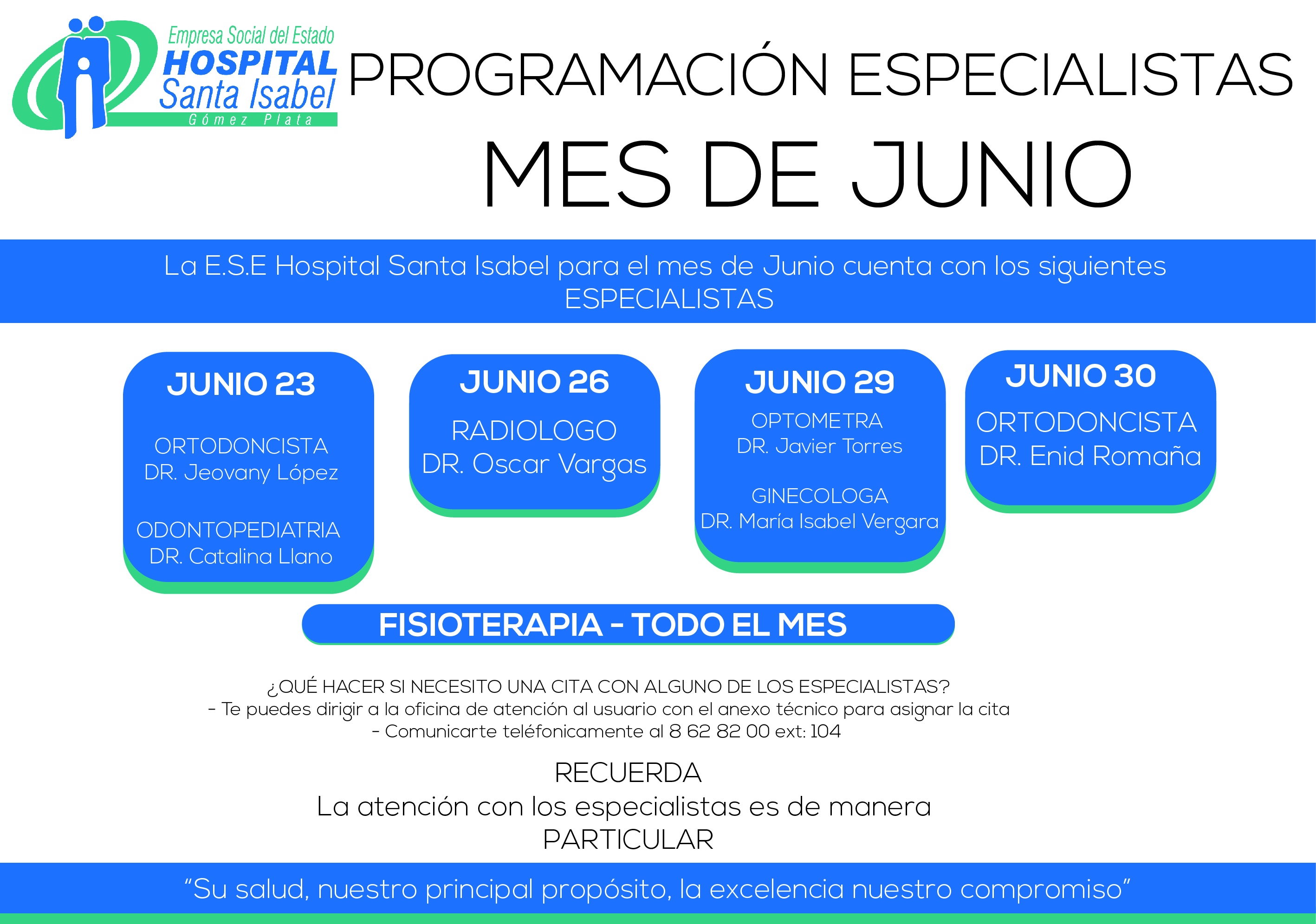 Programación con los especialistas para el mes de Junio